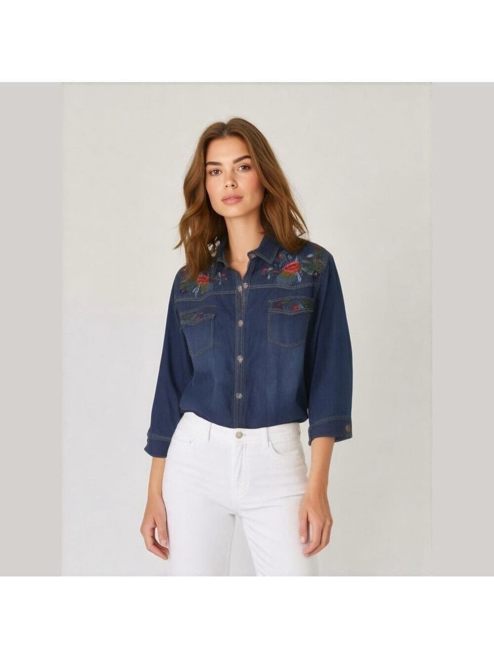 Vintage denim shirt with colorful floral beaded designs Jean shirt Jean shacket